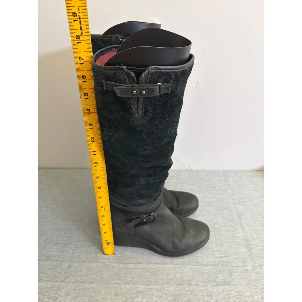 UGG Tall Boots Womens 8 Black Simmens Waterproof Suede Leather Wedge‎ Buckle